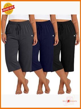 3 Pack Plus Size Wide Leg Capri Sweatpants with Pockets
